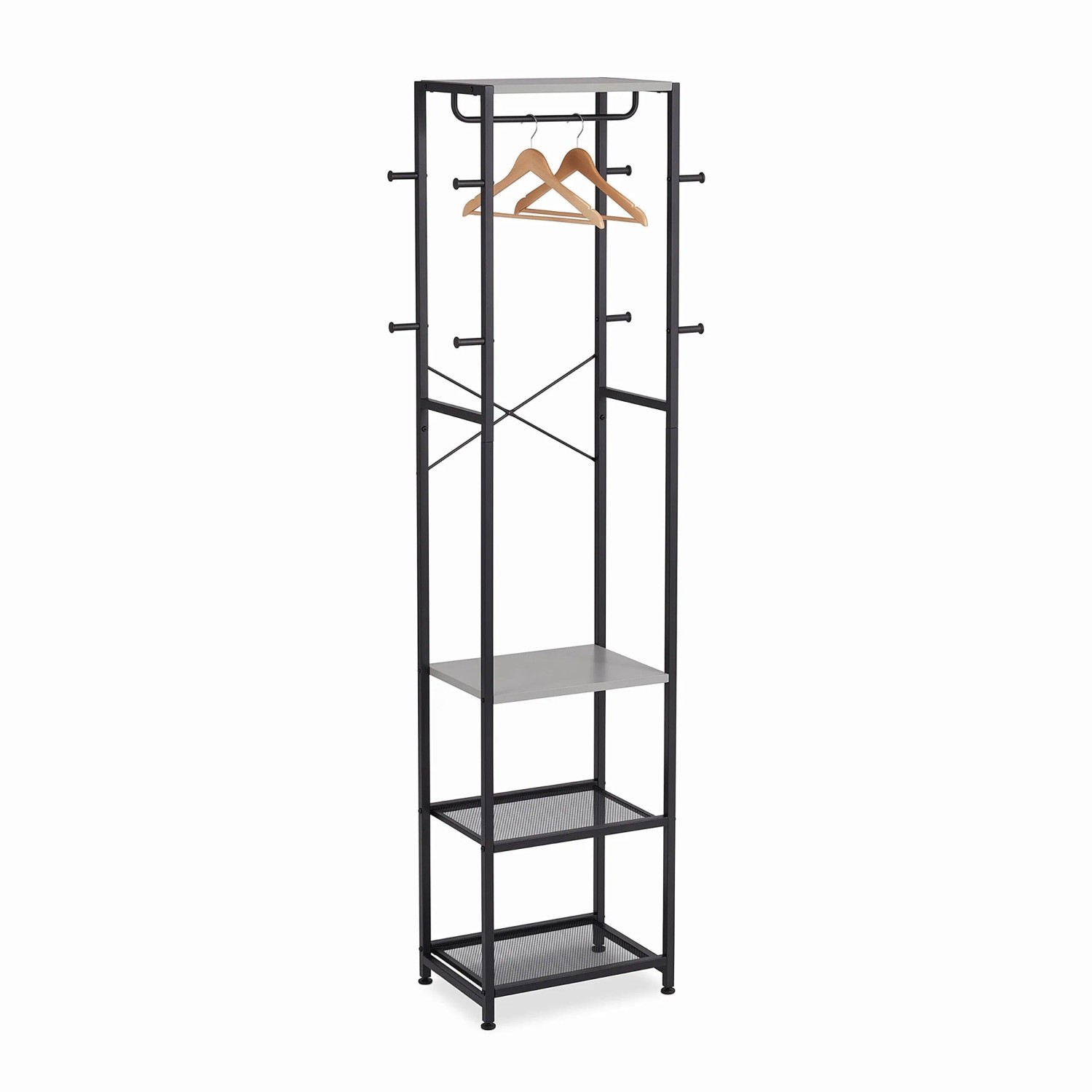 Relaxdays Garderobenständer MDF Eisen Schwarz-Grau Schmal mit 8 Haken 4 Ablagen Kleiderstange 181 cm x 40 cm x 28 cm 5,6 kg