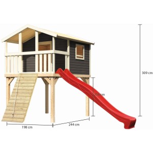 Karibu Stelzenhaus Benjamin Set mit Holzrampe und roter Rutsche (3m).
