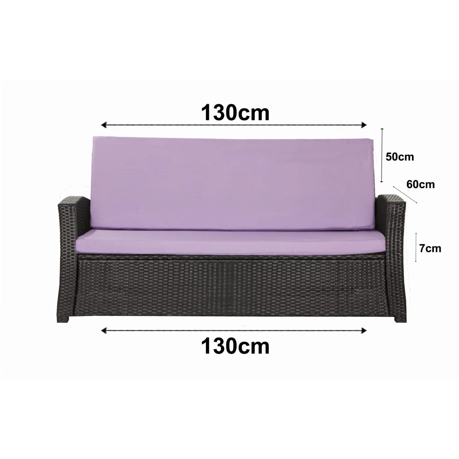Lila Gartenkissen-Set für 2-Sitzer Rattanmöbel, 130x60x50cm. Bequeme Sitzauflage für Gartensofa.