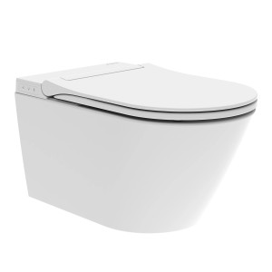 Weißes, spülrandloses Schütte Dusch-WC Cesar Premium Slim mit D-Form Sitz.