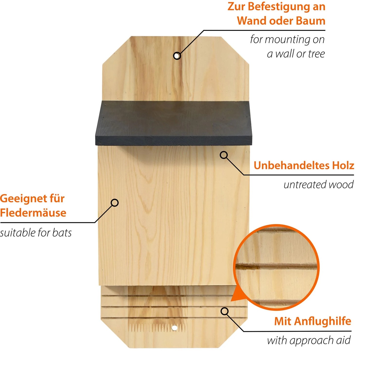 Dobar Fledermauskasten aus unbehandeltem hellem Holz mit anthrazitfarbenem Dach und Anflughilfe zur Wand-/Baummontage.