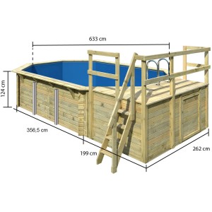 Karibu Holzpool Set mit Sonnenterrasse und Eckterrasse, inklusive Leiter und blauer Innenfolie.