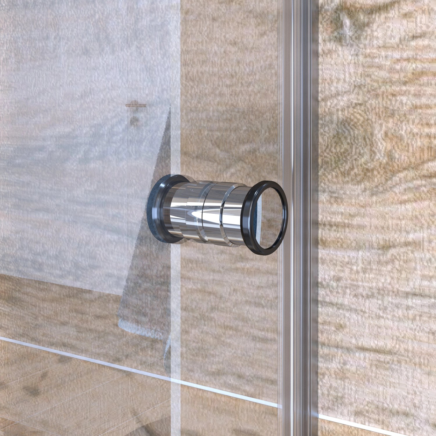 Detailaufnahme: Dusch-Nischentür Brava mit verchromtem Griff und Glas. Duschtür für Bad.