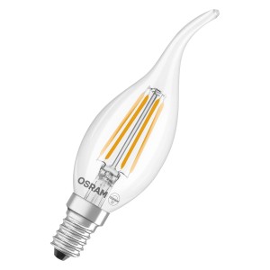 Osram E14 LED-Leuchtmittel in klarer Kerzenform mit sichtbaren Filamenten. Warmweißes Licht für dekorative Beleuchtung.