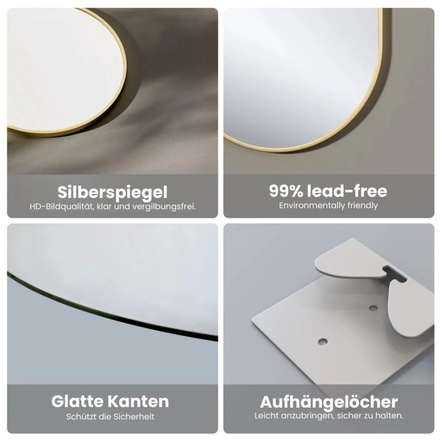 Detailansicht des ovalen Emke Badspiegels: goldener Metallrahmen, klare Spiegelfläche, glatte Kanten, Aufhängung.