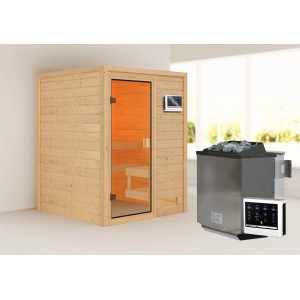 Woodfeeling Sauna Sandra mit Bio-Ofen und Glastür. Massivholzsauna für entspannende Stunden.