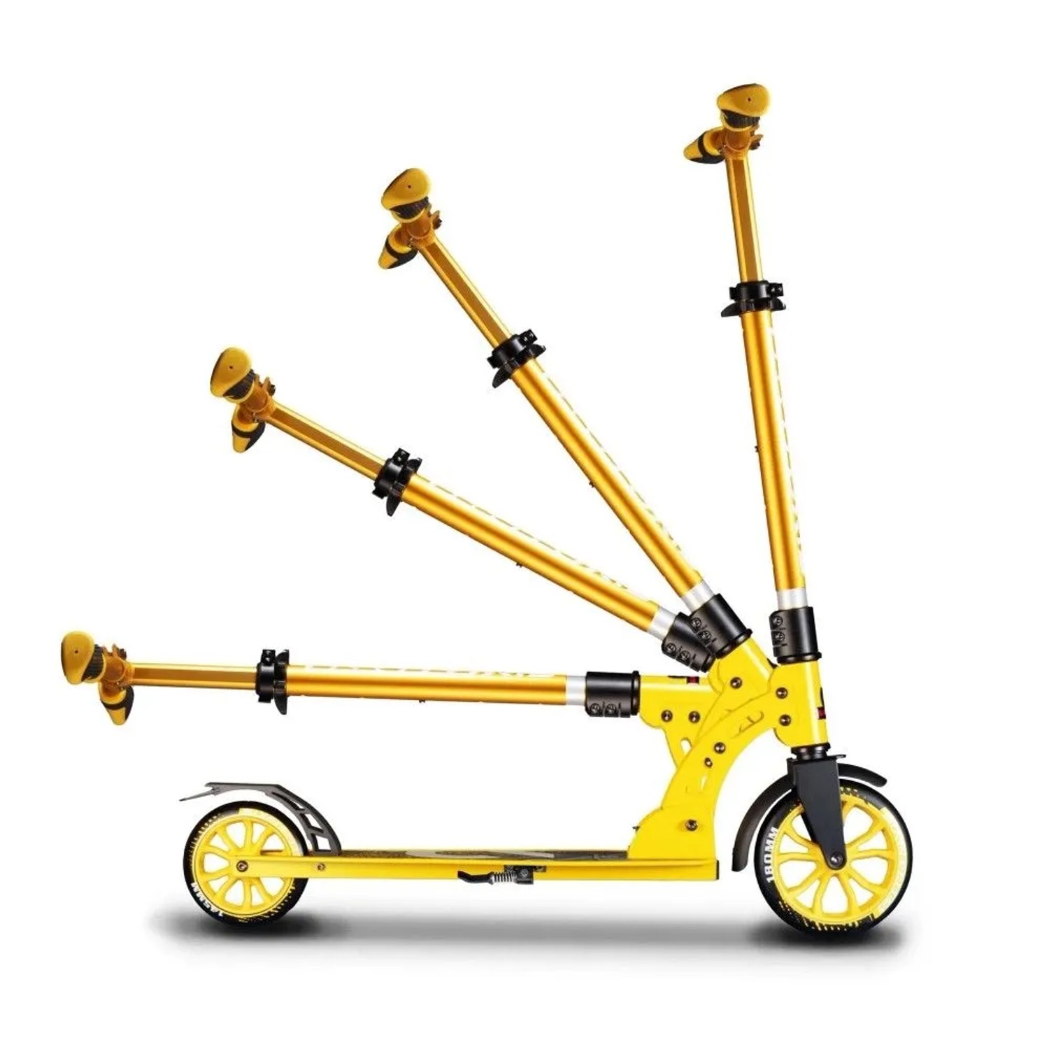 Gelber Six Degrees Aluminium Scooter Junior. Zeigt Höhenverstellung und Klappmechanismus. Sport & Fitnessgerät.