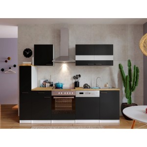 Respekta Küchenzeile KB250WSC in Schwarz-Weiß mit E-Geräten und Nussbaum Arbeitsplatte.