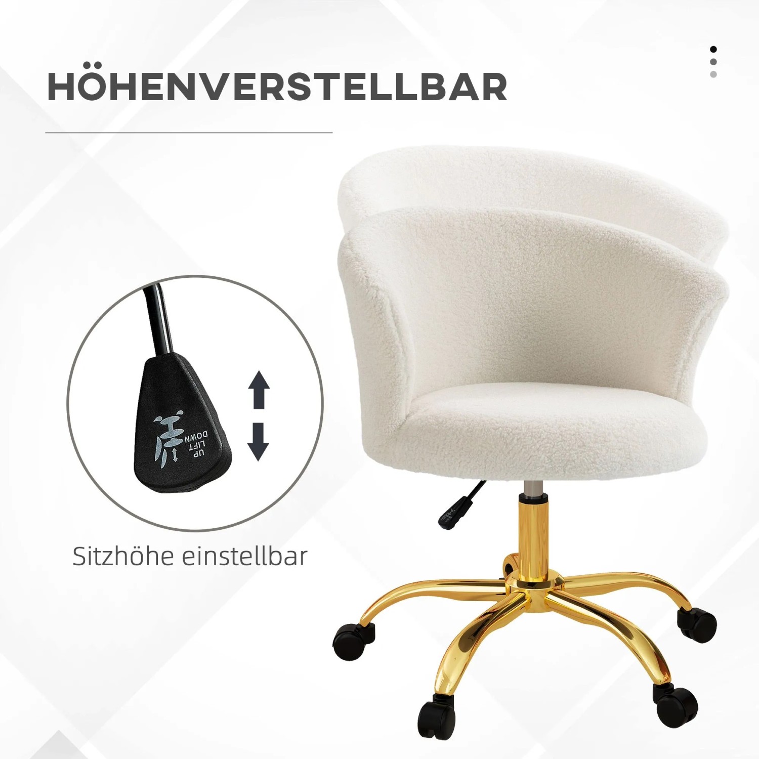 Weißer Vinsetto Bürostuhl aus Teddy-Fleece mit goldener Basis, Rollen und Höhenverstellung.