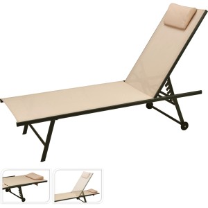 Beige Sonnenliege mit Stahlrahmen, verstellbarer Rückenlehne und Kopfkissen. Ideal für Garten und Terrasse.