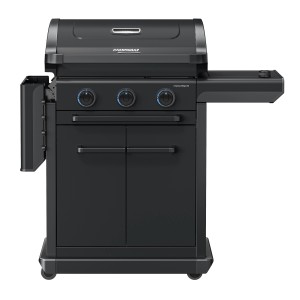 Campingaz Gasgrill 3 Series Onyx S, schwarzer Grill mit Seitenkocher und geschlossenem Wagen.
