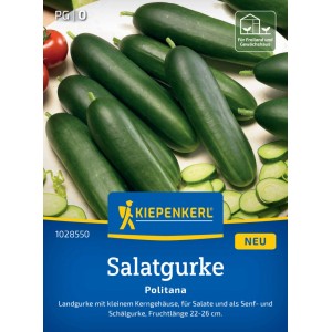 Kiepenkerl Saatgut Salatgurke Politana: Dunkelgrüne, bitterfreie Gurken auf der Packung.