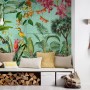 Fototapete Floral mit Blumen, Vögeln in Bunt, Grün und Rosa, 4,00x2,70m, FSC®-zertifiziert.