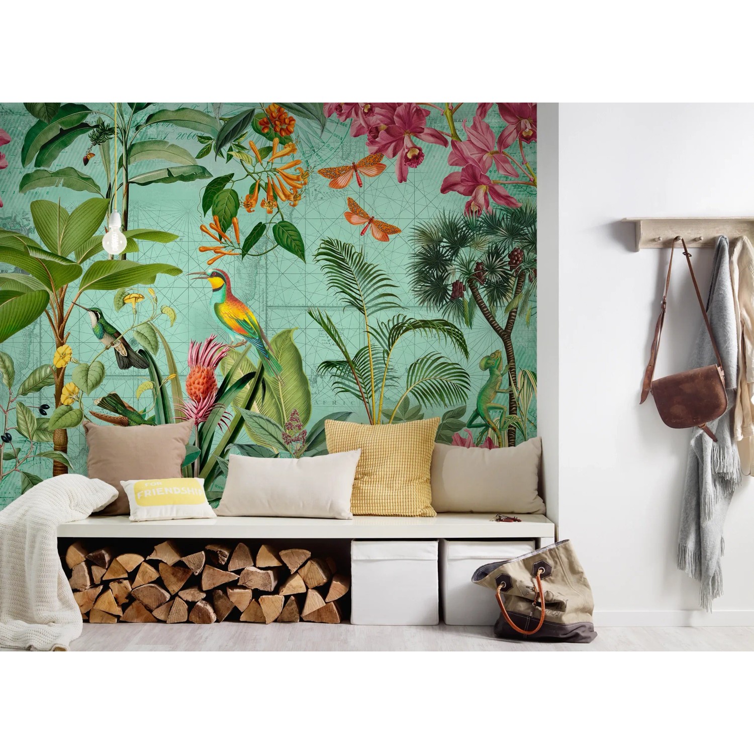 Fototapete Floral mit Blumen, Vögeln in Bunt, Grün und Rosa, 4,00x2,70m, FSC®-zertifiziert.