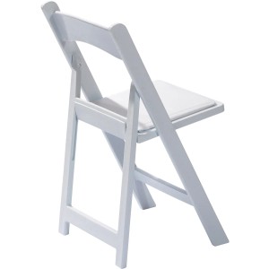 Weißer VEBA Klappstuhl Hochzeit aus Kunststoff mit gepolsterter Sitzfläche.