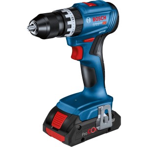 Bosch Professional GSB 18V-45 Akku-Bohrschrauber in Blau mit Bohrfutter und Gürtelclip.