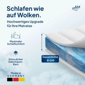 AM Gel Topper Matratze 180x200cm, Detailansicht der Materialschichten und Höhe.