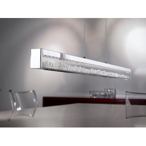 Moderne Eglo LED-Pendelleuchte Cardito mit Chrom-Gehäuse und klaren Glaskristallen.