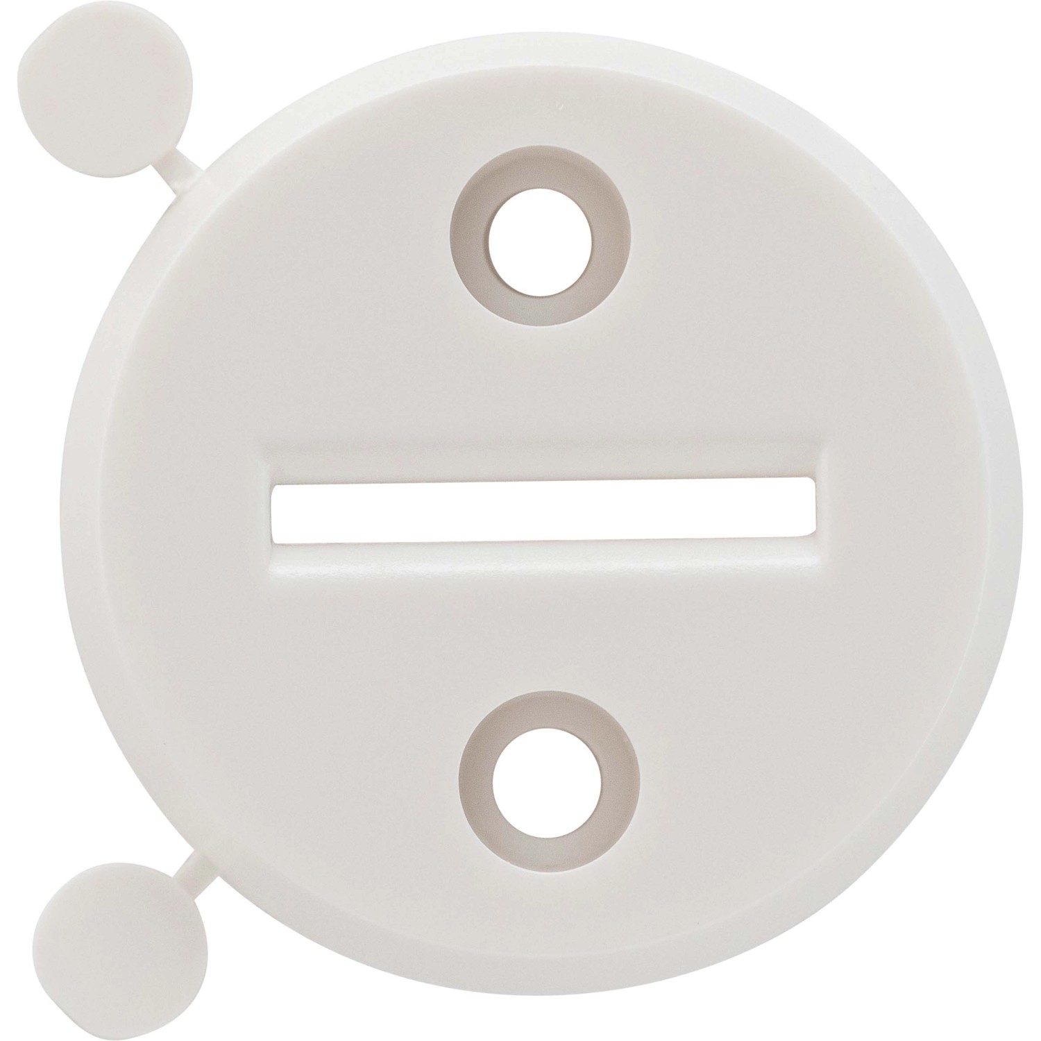 Weiße, runde Schellenberg Rollladen Gurtführung Standard Mini/Maxi mit Schlitz und Befestigungslöchern.