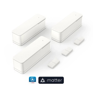 Drei weiße Bosch Smart Home Tür-/Fensterkontakte II +M mit flachen Magneten für Hausautomation.