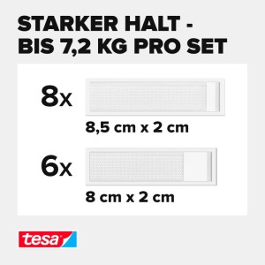 Tesa Powerstrips Click Klebenägel Combo Set: 8x 8,5x2cm und 6x 8x2cm Strips. Starker Halt bis 7,2 kg.