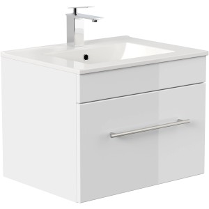 Posseik Waschplatz Viva 60 cm, weiß hochglanz mit Keramikwaschbecken und Schublade.