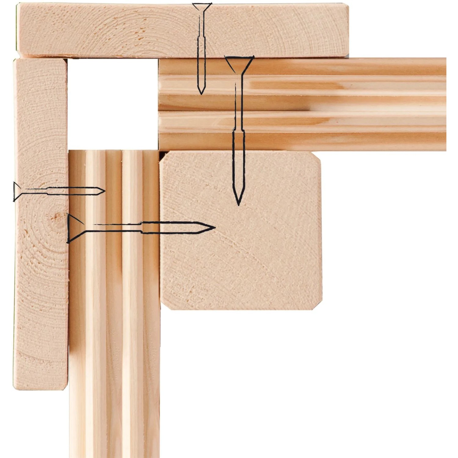 Detailaufnahme der Eckverbindung eines Karibu Holz-Gartenhauses mit Schrauben.