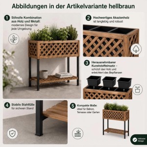 MCW Pflanzkasten P86 aus hellbraunem Akazienholz mit schwarzen Stahlfüßen, Gittermuster, bepflanzt, Ablage. Ideal für Balkon.