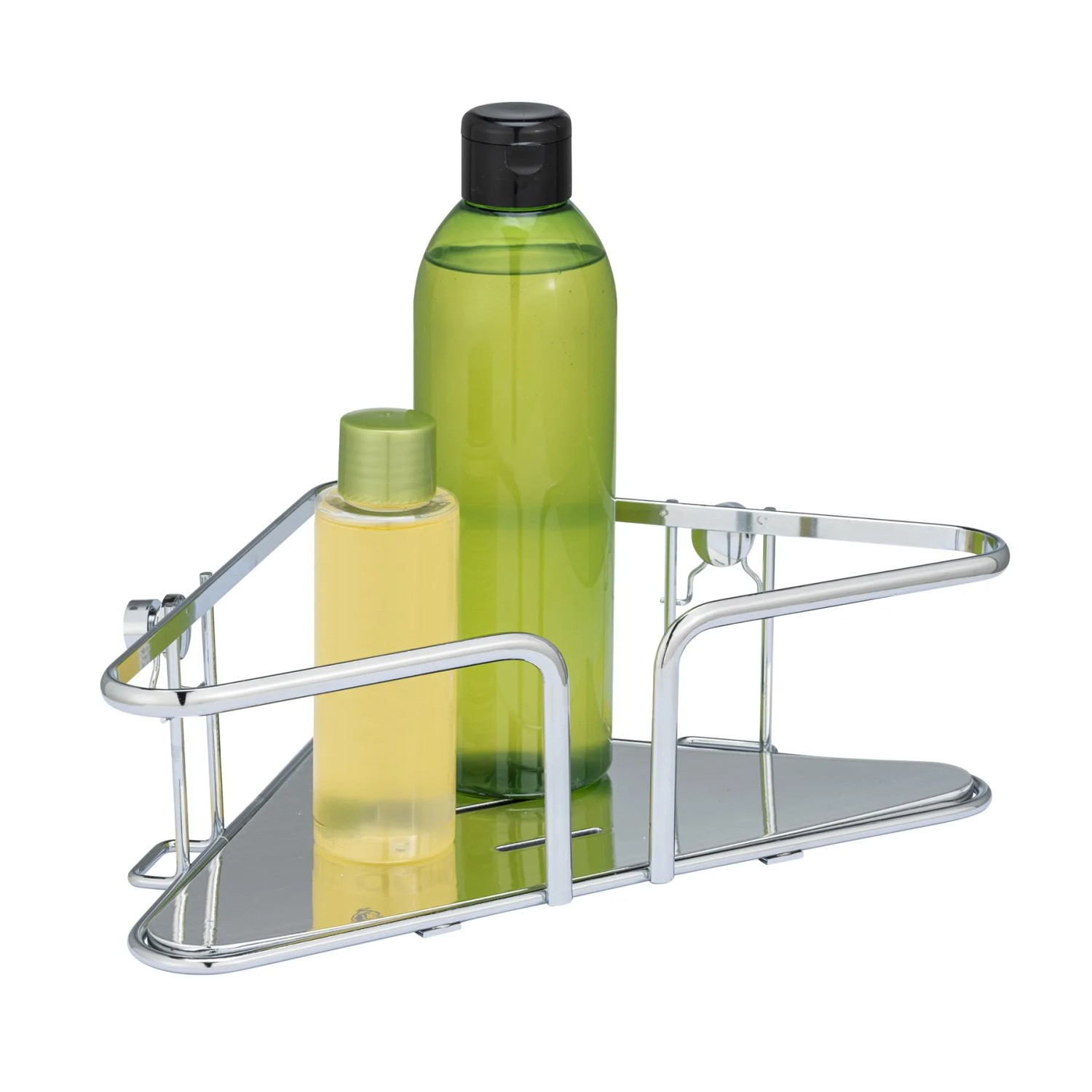 Wenko Eckablage Termoli, Edelstahl, glänzend silberfarben, mit zwei Flaschen.