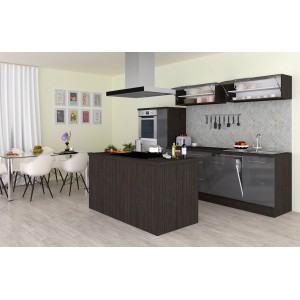 Respekta Premium Inselküche 310 cm, Grau Hochglanz/Eiche Grau, mit E-Geräten und Kochinsel.