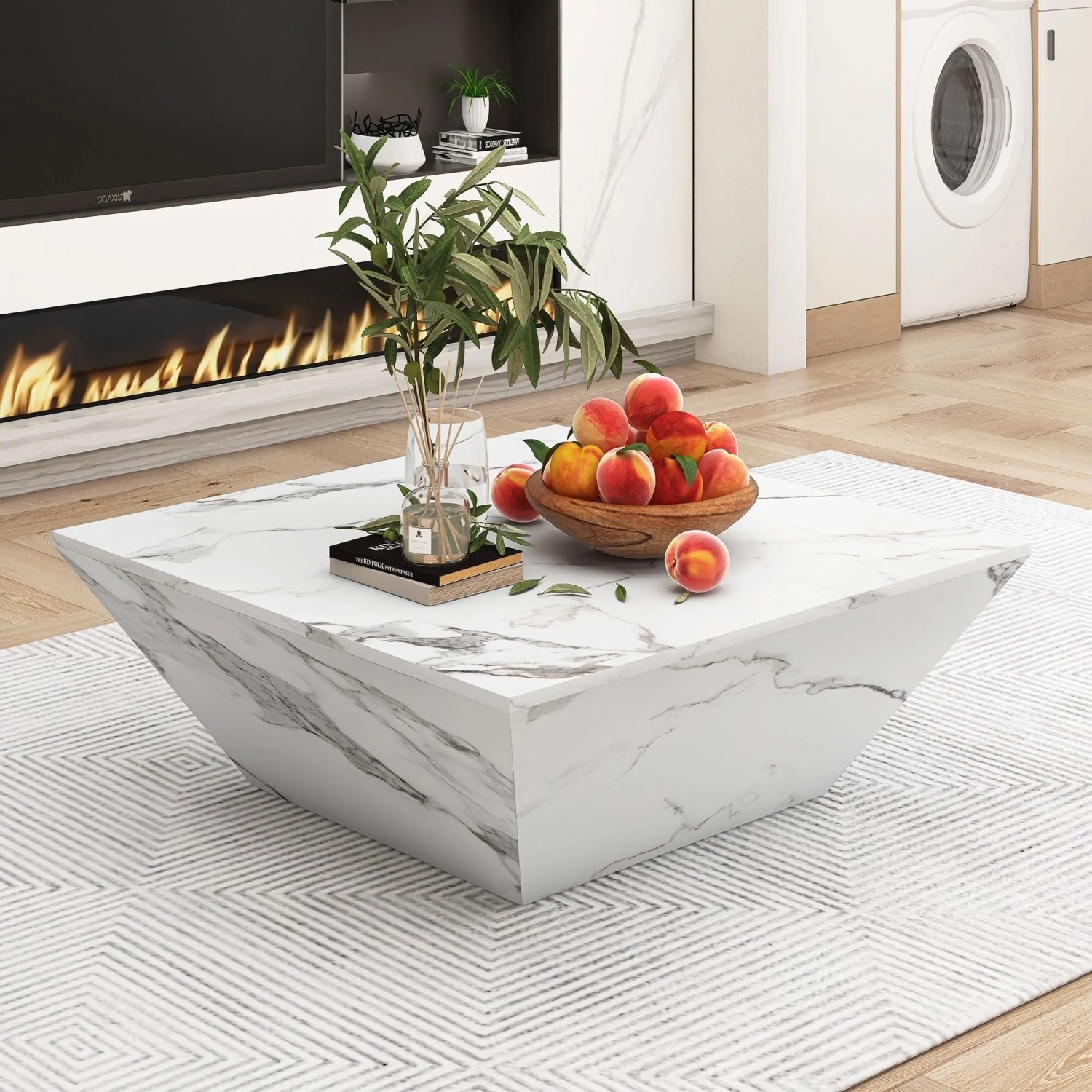okwish Couchtisch Modern Marmorfurnier Wohnzimmer 70x70x37cm Weiß_2