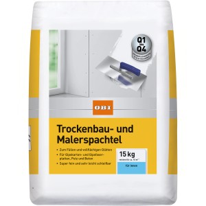 OBI Trockenbau- und Malerspachtel, 15 kg, weiß, zum Füllen und Glätten von Wänden und Decken.
