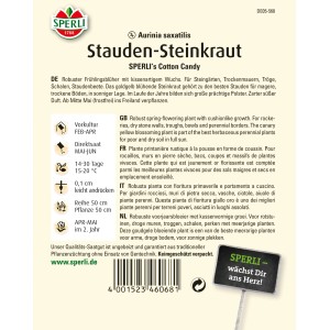 Samenpackung Sperli Stauden-Steinkraut 'Cotton Candy' Gelb. Gelbe Blüten, ideal für Steingärten.