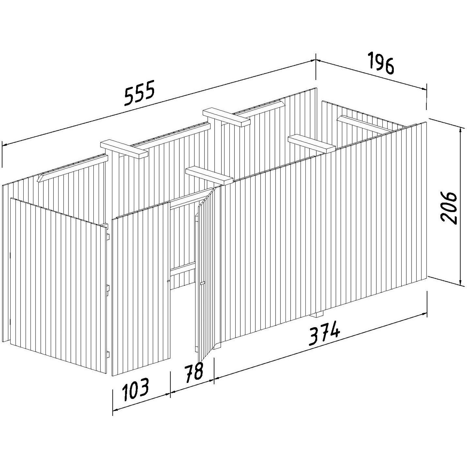 Technische Zeichnung: Palmako Anbauschuppen für Carport Karl, braun, 600x762cm, Gartenhaus-Zubehör.