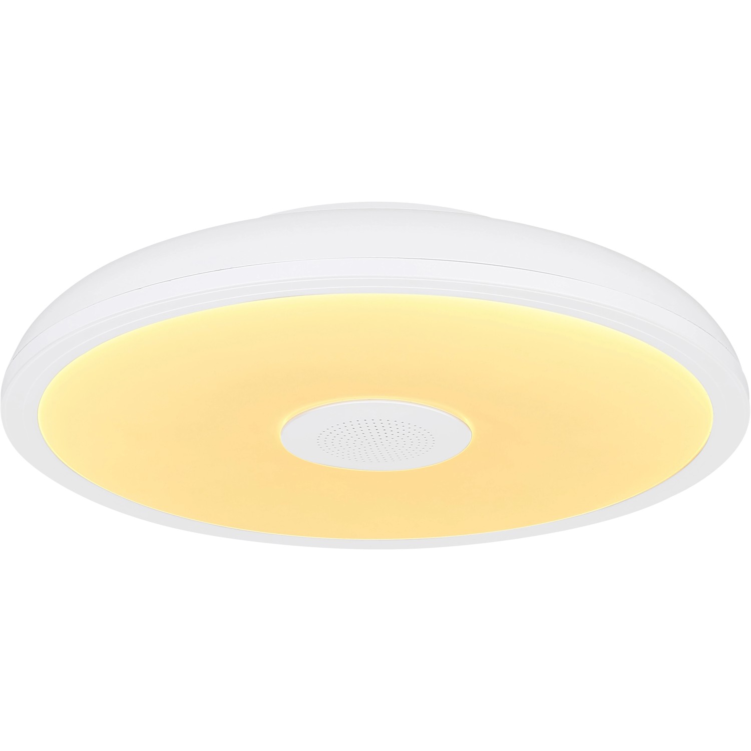 Weiße Globo LED-Deckenleuchte Raffy, Ø 28 cm, mit Lautsprecher für Bad und Wohnraum.