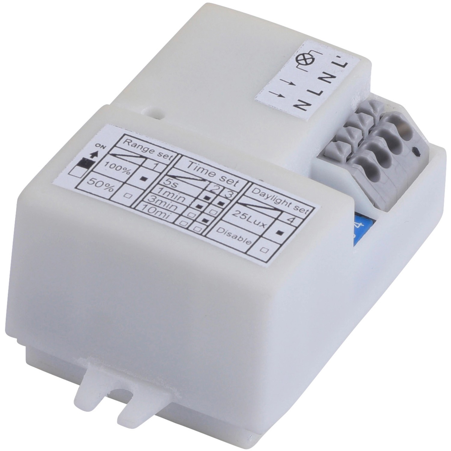 Detailaufnahme des Bewegungsmelders für Just Light LED-Panel, weiße Kunststoffabdeckung.