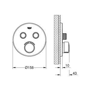 Technische Zeichnung: Grohe Unterputzmischer SmartControl, Chrom, runde Rosette, Maße.