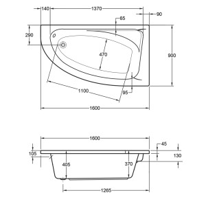 Technische Zeichnung der weißen Eckbadewanne Marina, 160x90 cm, mit Maßangaben.