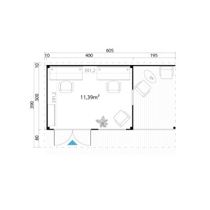 Grundriss Gartenhaus Domeo 7 Gletschergrün, 400x300 cm, mit Maßen und Einrichtungsskizze.