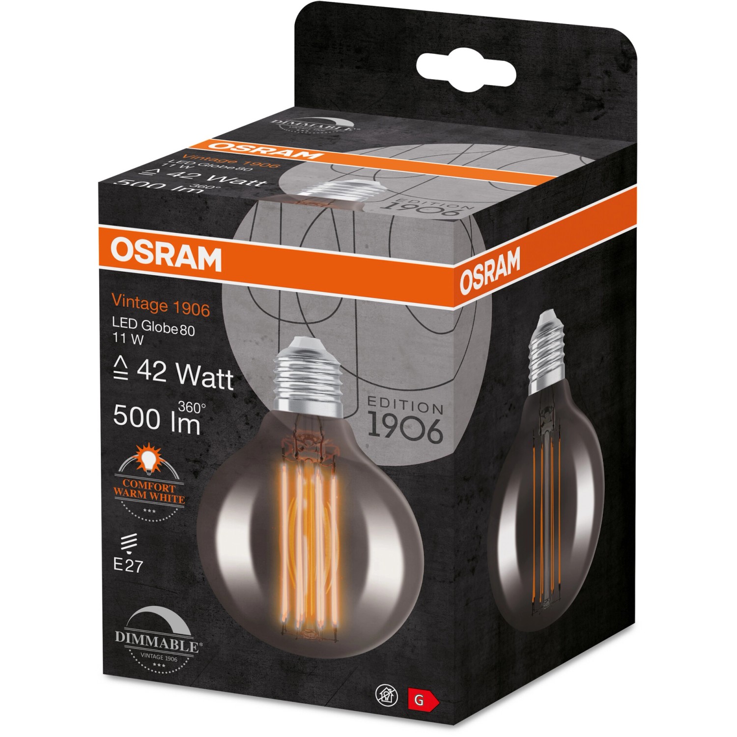Osram LED-Leuchtmittel E27 Globeform, 11W, warmes Licht, dimmbar. Verpackung.