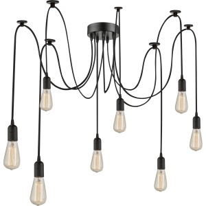 Schwarze Globo Pendelleuchte MARACANA mit acht Leuchten und individuell gestaltbaren Kabeln.