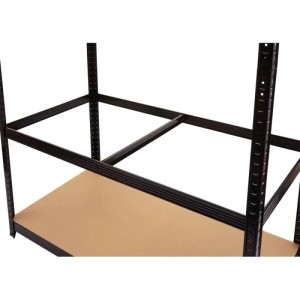 Detailansicht: Braunes MCW Eckregal K85 mit MDF-Boden und schwarzem Metallrahmen.