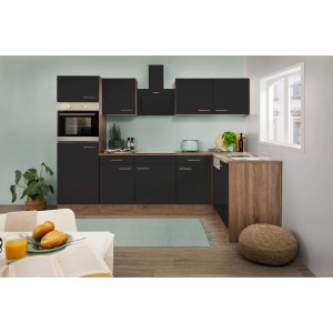 Respekta Winkelküche 280 cm in Schwarz-Seidenglanz und Eiche York Dekor mit E-Geräten.