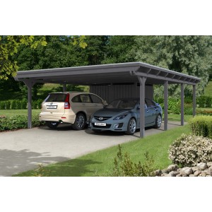 Skan Holz Doppelcarport Emsland mit Abstellraum und zwei parkenden Autos im Garten.