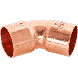 Löt-Bogen Ø 15 mm aus Kupfer, 45-Grad-Winkel für Kupferrohr-Installationen.