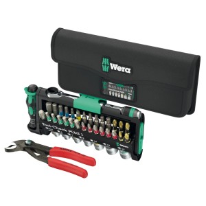 Wera Tool-Check Combi 1 Werkzeugset, 40-teilig, mit Bits, Nüssen, Ratsche und Knipex Zange in schwarzer Tasche.