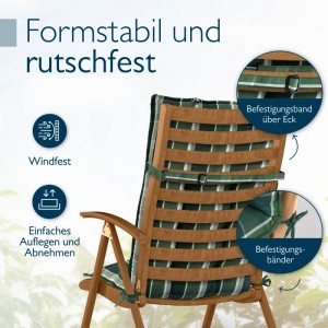 Grün-karierte Beautissu Hochlehner Auflage auf Holz-Gartenstuhl, mit Befestigungsbändern für sicheren Halt.