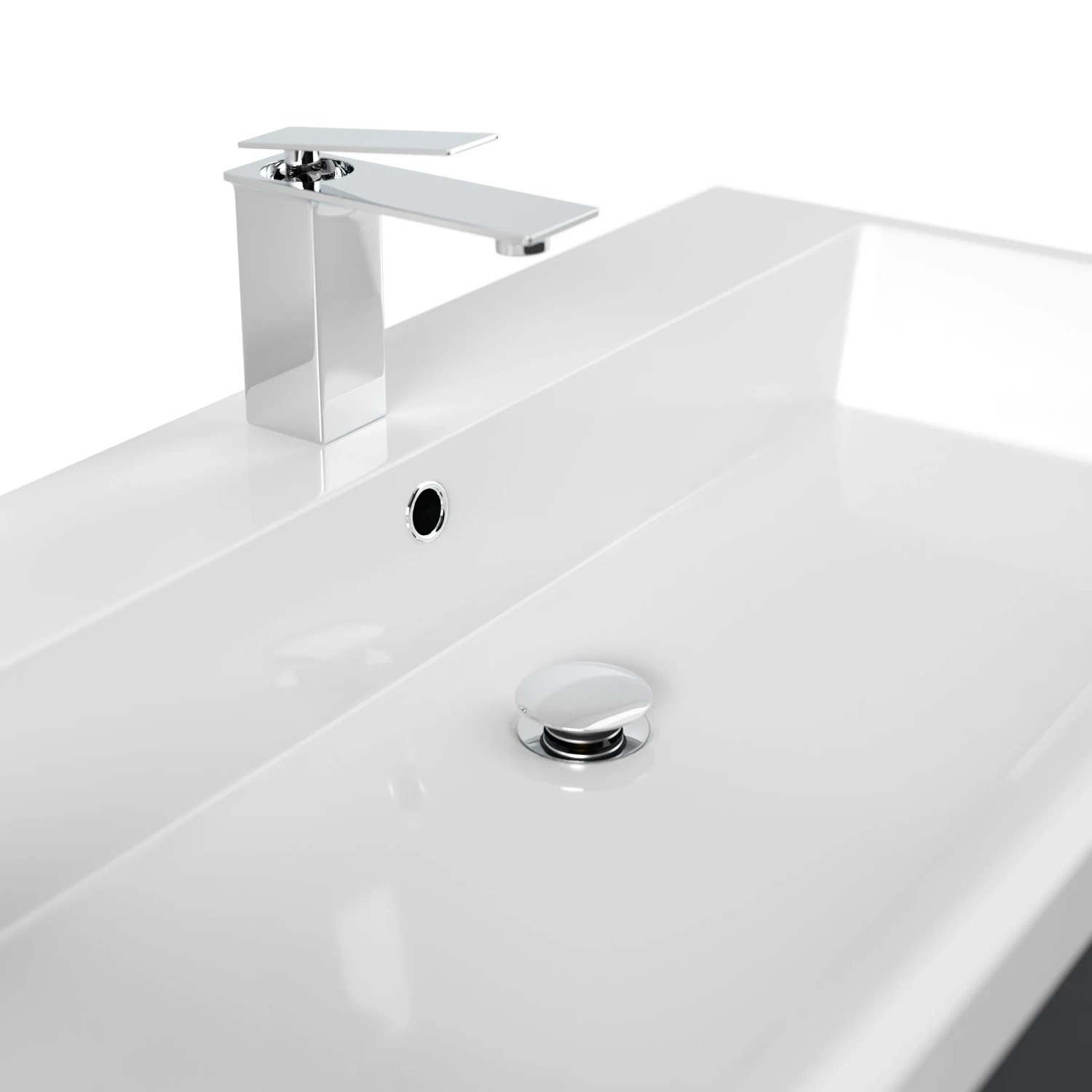 Detailaufnahme: Weißes Waschbecken des Posseik Badmöbel Felini 90 mit Armatur.