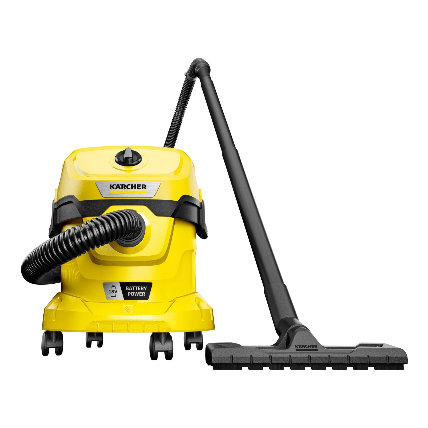 Kärcher Akku Nass-Trockensauger WD 2-18, gelb, mit Saugschlauch und Bodendüse.