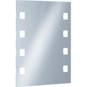 Silberner LED-Lichtspiegel (70x56 cm) von Fischer & Honsel mit warmweißem Licht und quadratischen Aussparungen.